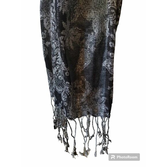 Sheer Long Lace Scarf Shawl Black Silver Glitter Stitching Fringe - Picture 7 of 9